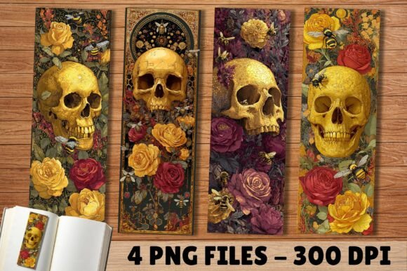 Honey Bee Golden Skull Floral Bookmark: A Design Asset with an Edge
